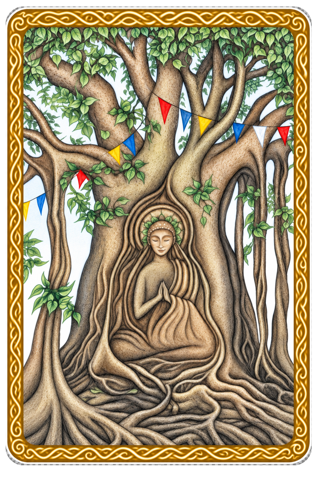 An illustrated figure resting within the roots of a Pipal tree, framed by a warm golden border and fine white outline